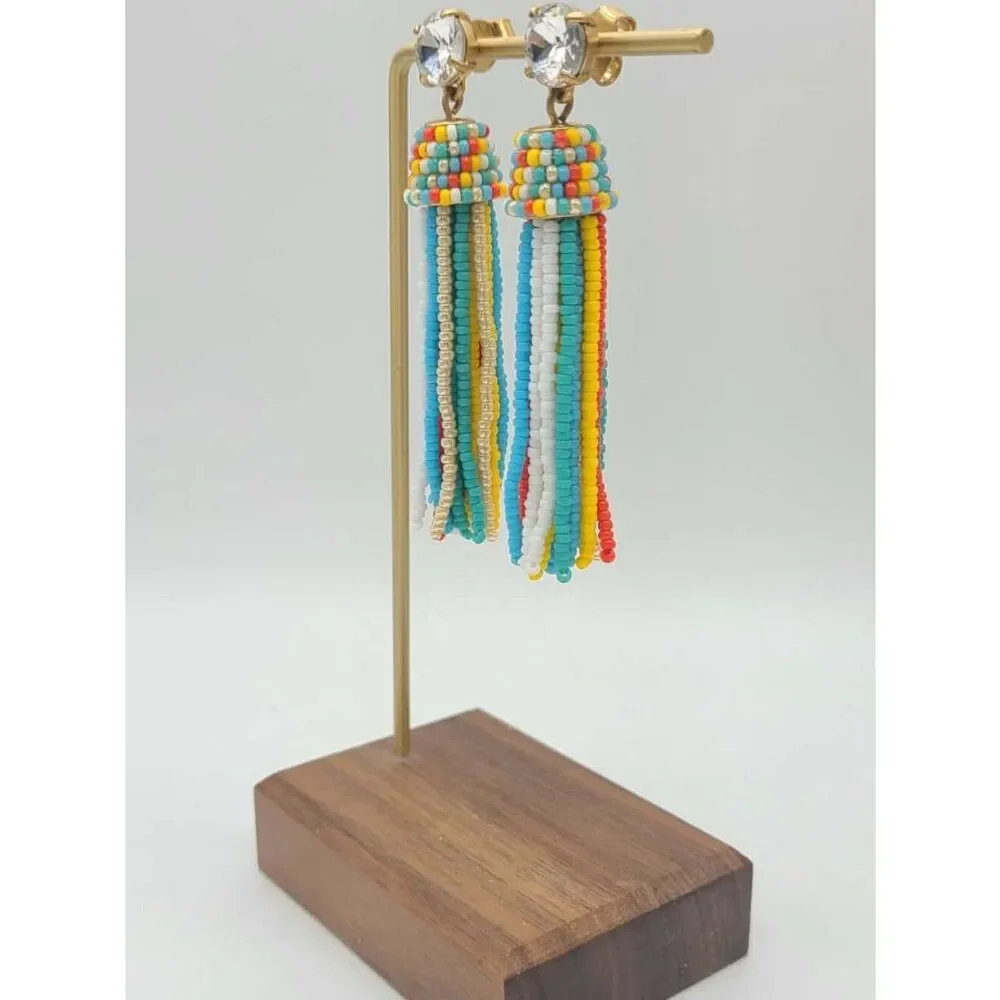J Crew Multi Color Seed Bead Tassel Earrings with Crystal